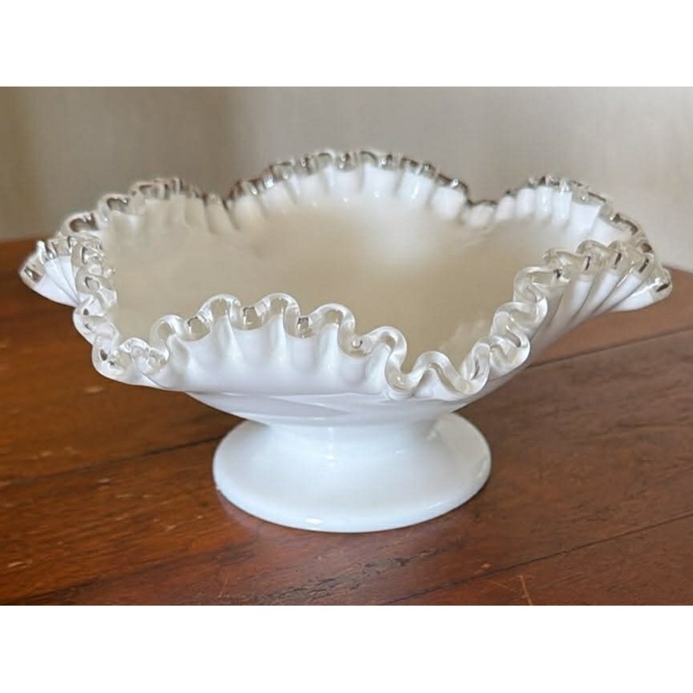Vintage Milk Glass Pedestal‎ Bowl 8in Clear Ruffled Rim Cottage Core